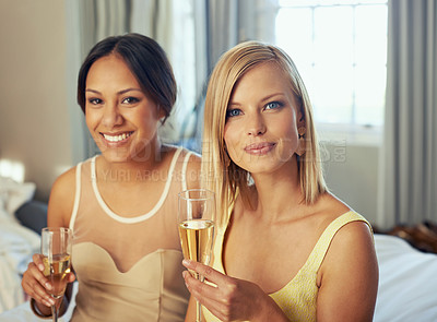 Buy stock photo Women, portrait and champagne in hotel room in fashion, social and elegant dresses to celebrate as friends. Ladies night, smile face or bonding in glamour gown or excited to party with alcohol glass