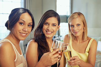 Buy stock photo Women, friends and portrait with champagne for celebration, party and luxury in hotel or bedroom. Face of a young group of people with wine glasses, cheers and toast for holiday or congratulations