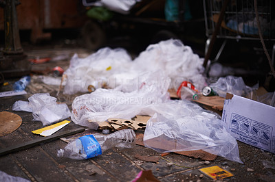 Buy stock photo City, pollution and garbage or trash on street, landfill and junkyard or destruction of climate. Outdoors, waste and ecological disaster or global problem, disposal and environment of dirt in town