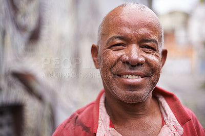 Buy stock photo Smile, portrait and happy old man outdoors, relaxed and carefree while enjoying the weekend. Face, retirement and senior mexican male enjoying retired lifestyle, cheerful and laughing in Mexico