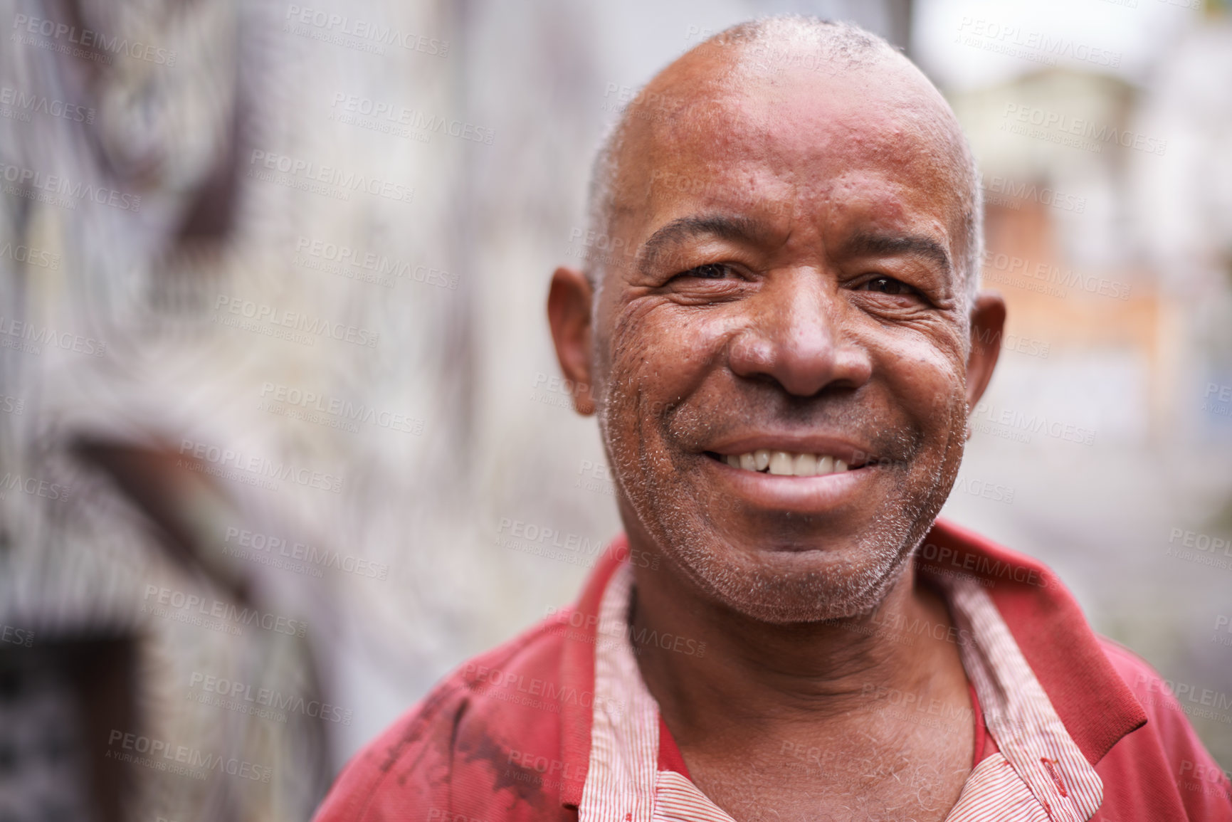 Buy stock photo Smile, portrait and happy old man outdoors, relaxed and carefree while enjoying the weekend. Face, retirement and senior mexican male enjoying retired lifestyle, cheerful and laughing in Mexico