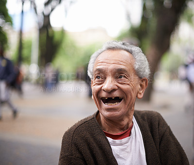 Buy stock photo Old man, laugh and resting in park for retirement, happiness and good mood in South Africa. Cheerful, pensioner and smile for silly, goofy or funny story for stress relief, leisure or relaxation