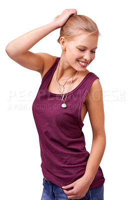 Buy stock photo Studio shot of a beautiful young woman standing with her hand in her hair isolated on white
