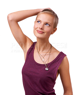 Buy stock photo Woman, thinking and future at college on studio, white background or scholarship mock up. Student, planning and remember ideas for university, education or happy with decision, information or choice