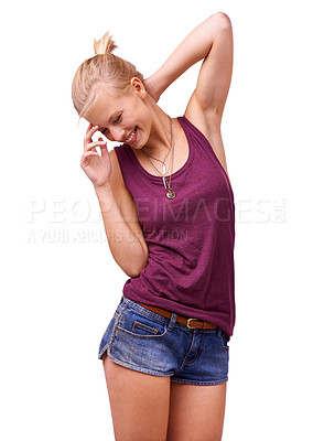 Buy stock photo Fashion, happy and woman on a white background laughing in trendy clothes, summer style and casual outfit. Stylish, humor and isolated person smile with confidence, happiness and pride in studio