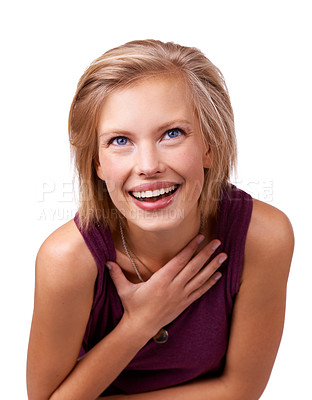 Buy stock photo Woman, thinking and future at college on studio, white background or scholarship mock up. Student, planning and remember ideas for university, education or happy with decision, choice or opportunity 