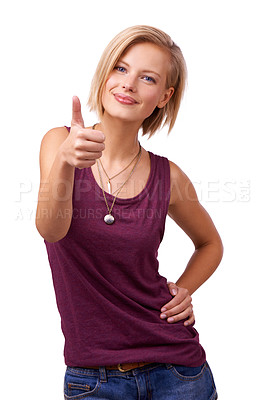 Buy stock photo Happy woman, portrait and thumbs up with confidence for good job or well done on a white studio background. Female person, blonde or model with smile, like emoji or yes sign for approval or thank you