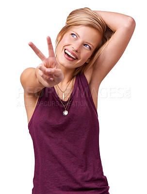 Buy stock photo Happy woman, thinking and peace sign with fashion or support isolated on white background. Casual girl, model and natural person in studio with fun hand gesture, spring clothes or smile with ideas