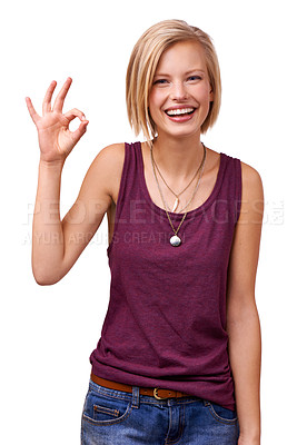 Buy stock photo Happy woman, portrait and good job with ok emoji for well done or perfection on a white studio background. Female person, blonde or model with smile, like or yes sign for spot on, correct or precise