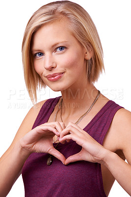 Buy stock photo Happy woman, portrait and face with heart hands for love, support or care on a white studio background. Young female person, blonde or model with smile, like emoji or shape sign for romantic gesture