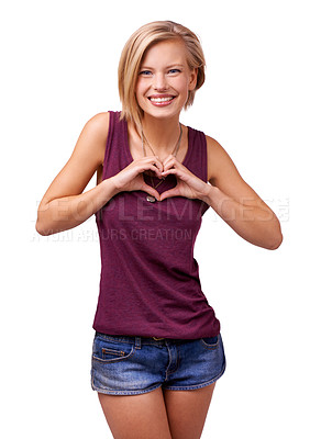 Buy stock photo Happy woman, portrait and heart hands with love in care, support or romance on a white studio background. Young female person, blonde or model with smile, like emoji or shape sign of romantic gesture
