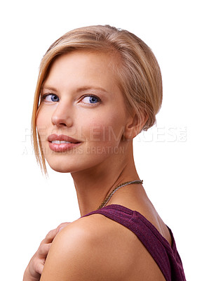 Buy stock photo Confident, cosmetics and beauty or skincare for woman in white background, smile and happiness. Female person, glow and shine from dermatology treatment for face, skin and results from care in studio
