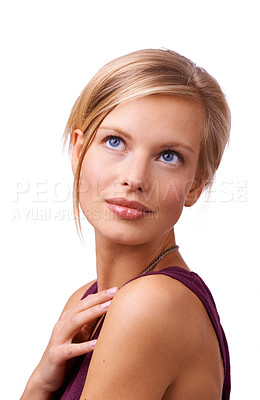 Buy stock photo Studio, cosmetics and beauty of woman in white background, relax and calm from skincare. Female person, glow and shine from dermatology treatment for face, skin and aesthetic results from care