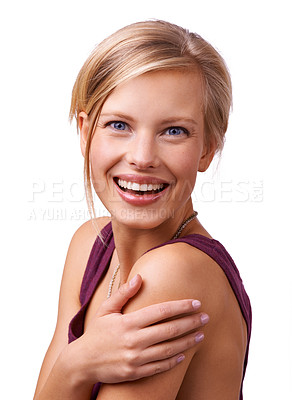 Buy stock photo Portrait, aesthetic and beauty of woman in white background, smile and happiness from skincare. Female person, glow and shine from dermatology treatment for face, cosmetics and results in studio