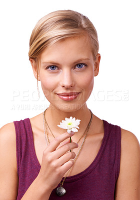 Buy stock photo Studio, woman and portrait of daisy by white background and scent of perfume of natural botanicals. Model, face and creative inspiration with flower for stress relief and wellness with floral plant