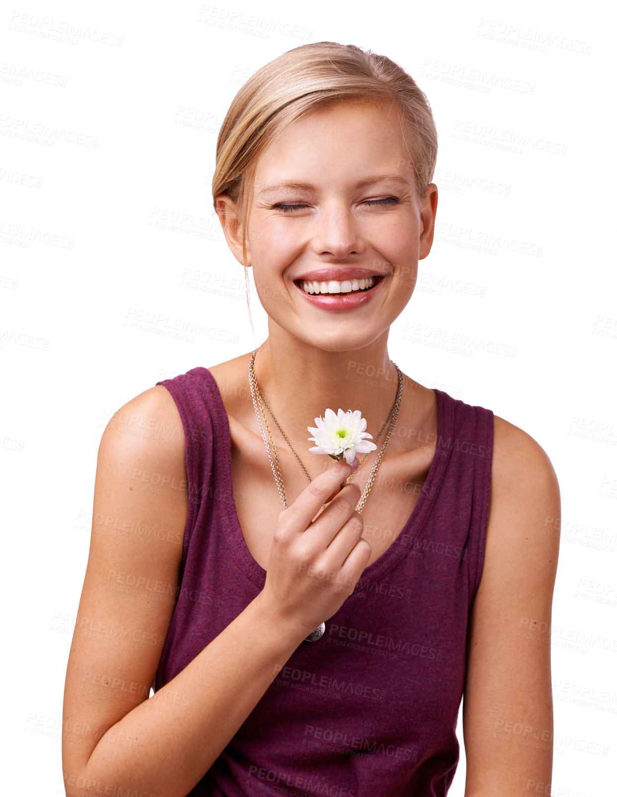Buy stock photo Studio, happy woman and laughing with daisy by white background and gift of love or new beginning in mockup. Model, face or comedy with flower for stress relief or eyes closed for wellness with plant