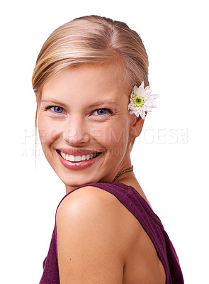 Buy stock photo Flowers, smile and portrait of woman on a white background for skincare, wellness and spa aesthetic. Beauty, attractive and isolated person with floral, bloom or plant for natural cosmetics in studio