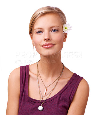 Buy stock photo Skincare, portrait and model with beauty or flower with shine, smile or skin treatment in studio. White background, facial glow or female person isolated to relax with natural face, wellness or art