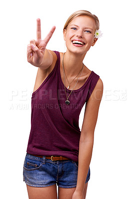 Buy stock photo Model, portrait and peace sign with fashion or smile isolated on white background in studio. Casual girl, happy woman and cool person with fun v hand gesture, spring clothes or support with style