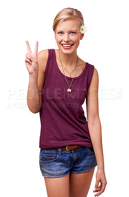 Buy stock photo Happy woman, portrait and peace sign with fashion or flower isolated on white background. Casual girl, model and natural person in studio with v hand gesture, spring clothes or smile with support