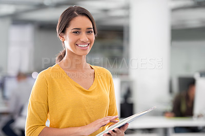 Buy stock photo Business woman, portrait and office for magazine, journalist and design for article and happy workplace. Professional female person, company and entrepreneur for information, writing and blog