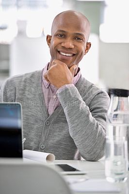Buy stock photo Smile, office and portrait of black man for confidence, tech or notes on career opportunity at startup. Proud, happy or professional businessman with job in project management, planning or consulting