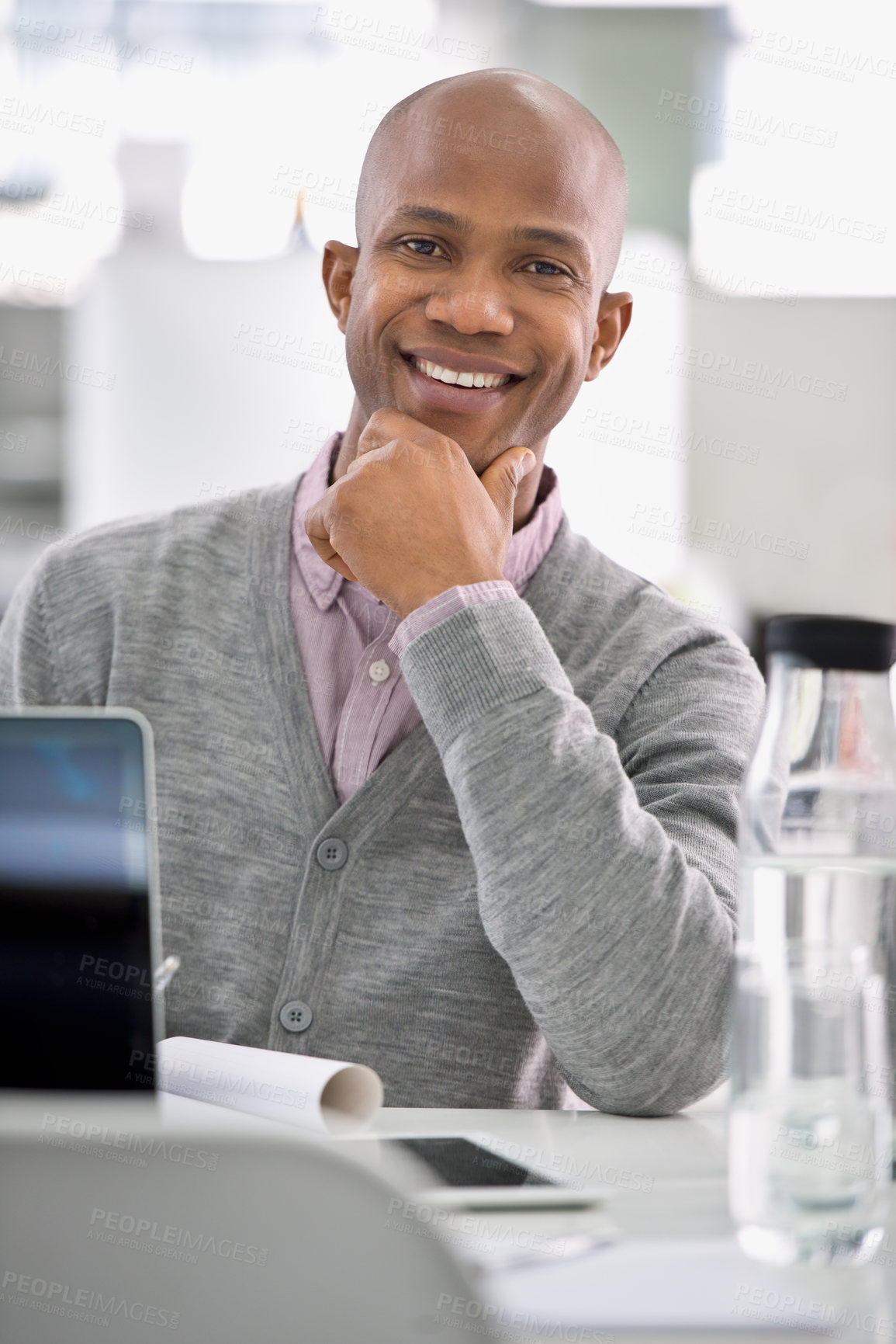 Buy stock photo Smile, office and portrait of black man for confidence, tech or notes on career opportunity at startup. Proud, happy or professional businessman with job in project management, planning or consulting