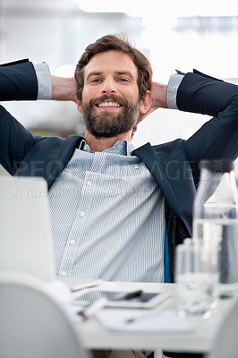 Buy stock photo Relax, office and portrait of man with smile, tech and notes on career opportunity at startup. Proud, happy or professional businessman with job in project management, planning or consulting at desk