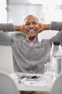 Buy stock photo Relax, office and portrait of black man with smile, tech and career opportunity at startup. Proud, happy or professional businessman with job in project management, planning or consulting at desk