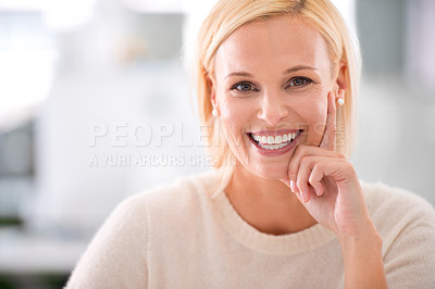 Buy stock photo Smile, office and portrait of woman with mockup, confidence and career opportunity at startup. Proud, happy or professional businesswoman with job in project management, development or consulting