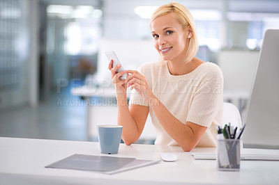 Buy stock photo Smile, phone and portrait of woman in office networking on social media, mobile app or internet. Happy, technology and female person reading online email or text message on cellphone in workplace.