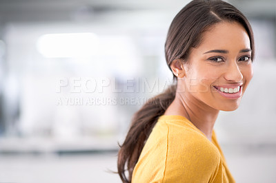 Buy stock photo Smile, business and portrait of woman with confidence, office and career opportunity in mockup. Proud, happy or professional businesswoman with job in project management, development or consulting
