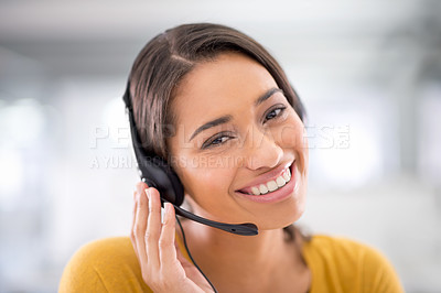 Buy stock photo Smile, callcenter and portrait of woman with headset, help desk and phone call at crm office. Proud, happy or professional consultant with job in telemarketing, customer service and online support.