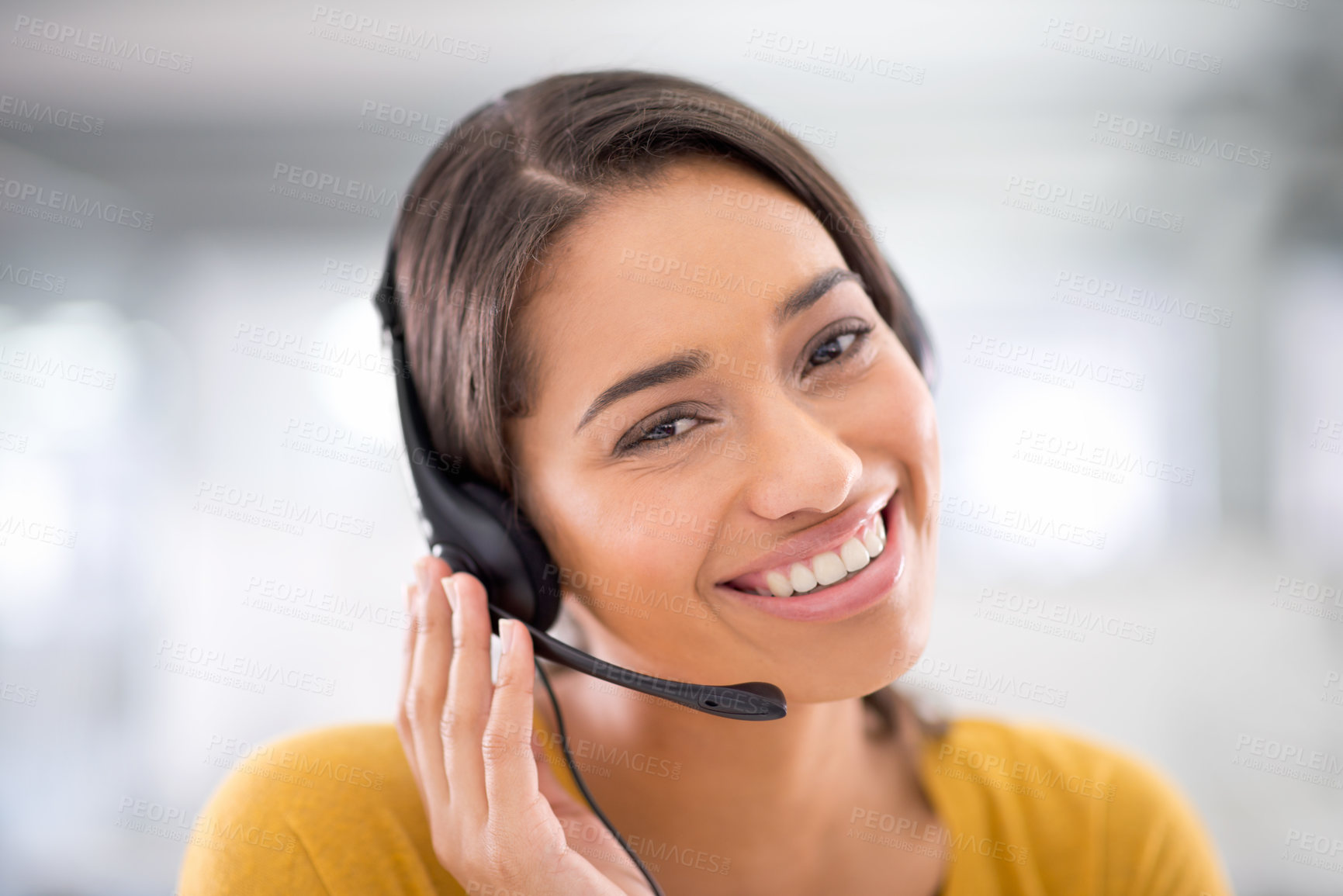 Buy stock photo Smile, callcenter and portrait of woman with headset, help desk and phone call at crm office. Proud, happy or professional consultant with job in telemarketing, customer service and online support.