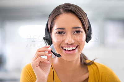 Buy stock photo Portrait of an attractive young customer service representative wearing a headset