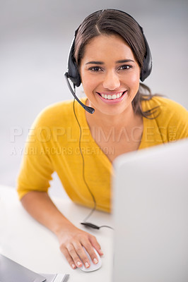 Buy stock photo Call center, customer service and portrait of woman in office for online ecommerce consultation. Smile, contact us and female technical support consultant work on crm for telemarketing in workplace.