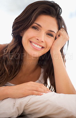 Buy stock photo Portrait of a beautiful young woman enjoying a relaxed morning at home