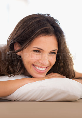 Buy stock photo Wake up, relax or face of a happy woman in bed for resting with health or peace alone in home. House, morning or calm female person in apartment on break or pillow with smile to start day or chill