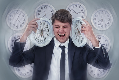 Buy stock photo A businessman screaming while surrounded by multiple clocks