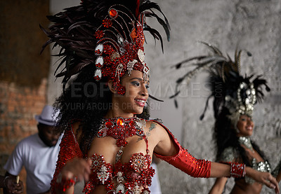 Buy stock photo Carnival, dancing and woman in costume for event in Brazil, performer or dancer with gemstone outfit outdoor. Music, band and samba with happiness for entertainment and culture, festival and talent