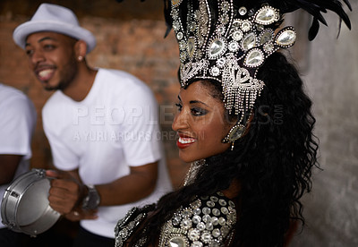 Buy stock photo Happy woman, samba dancer and concert with band for performance at carnival or festival. Face of Brazilian female person or exotic performer with smile or cultural fashion for dancing or party in Rio