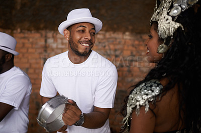 Buy stock photo Drummer, playing and music with dancer by stage, rhythm and brazilian people with talent in band. Carnival, beat and performing in group as professional musician and happy for live show performance