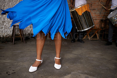 Buy stock photo Closeup, woman and leg with dress for ballroom dancing, samba or salsa in live show at nightclub. Female person, dancer and performer with energy, action and movement for Brazilian music concert