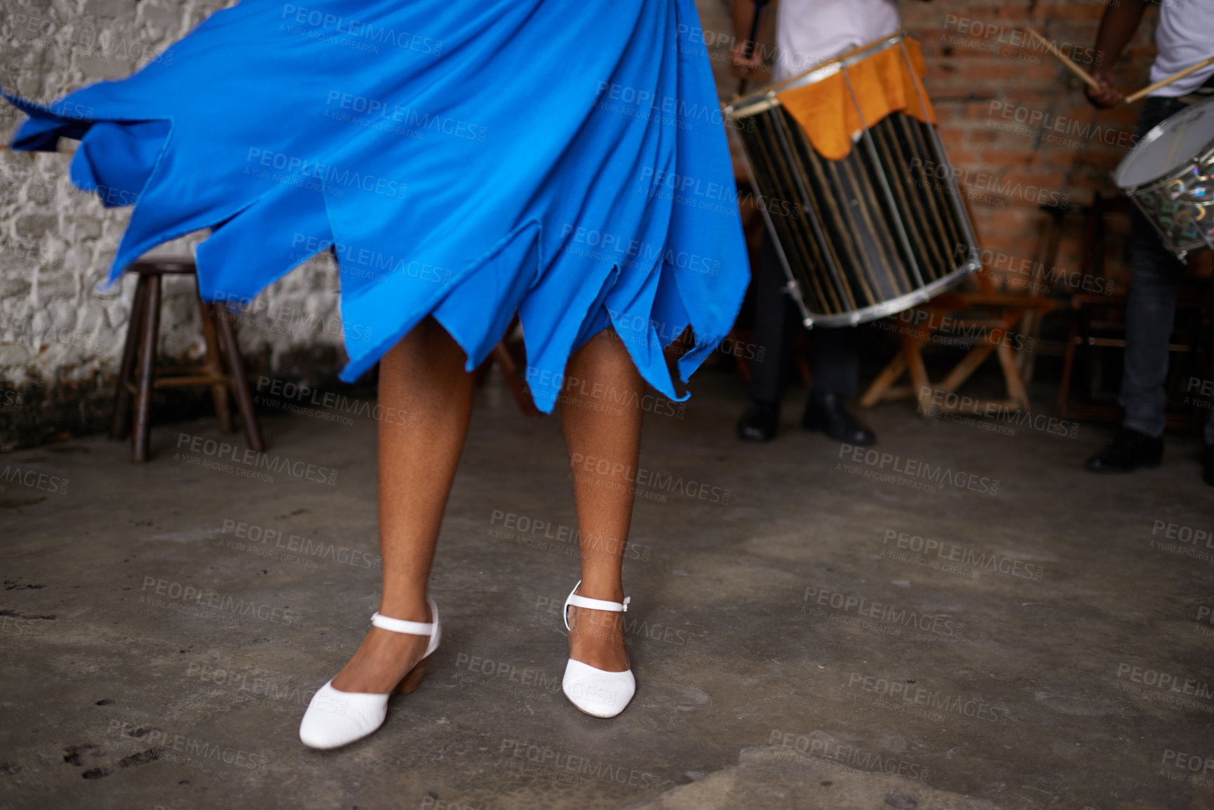 Buy stock photo Closeup, woman and leg with dress for ballroom dancing, samba or salsa in live show at nightclub. Female person, dancer and performer with energy, action and movement for Brazilian music concert