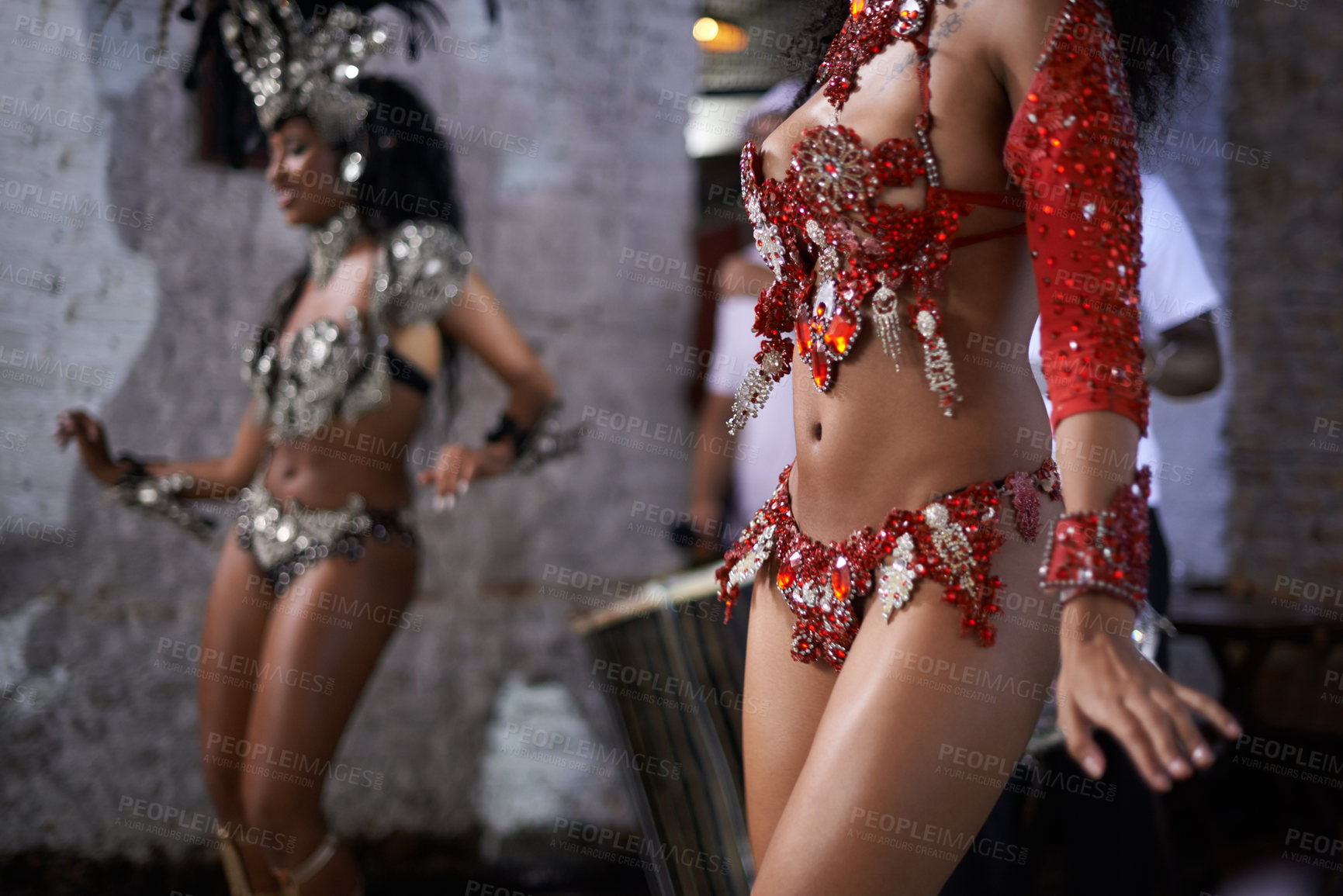 Buy stock photo Women, dancer and samba for carnival and music festival or street performance with costume closeup. Body of person dancing with drums for event, tourism and celebration or culture in Rio de Janeiro