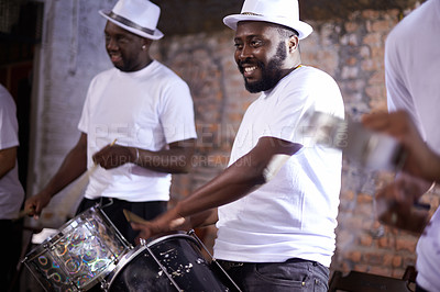 Buy stock photo Carnival, drummer and music with band in Brazil for entertainment, festival or performance event. Smile, concert and black man playing drums in Rio de Janeiro for culture, heritage or tradition