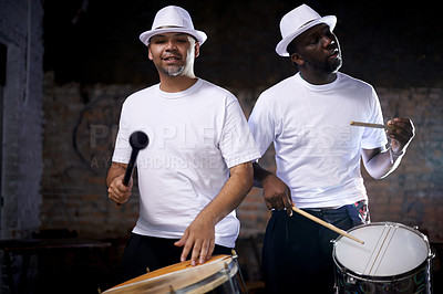 Buy stock photo Portrait, drums and band at music performance for culture, heritage or tradition in Rio de Janeiro. Art, creative and samba with drummer black men playing instrument outdoor for street carnival