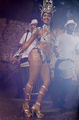 Buy stock photo Woman, dancing and samba for carnival and music festival or street performance with costume at night. Portrait of dancer with drummer or band for event, celebration and culture in Rio de Janeiro