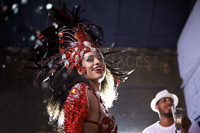 Buy stock photo Night, woman or dancer with samba at carnival in rio de janeiro for brazilian festival with feather costume or smile. Person, face or party with dancing, fashion or music for culture or outdoor event