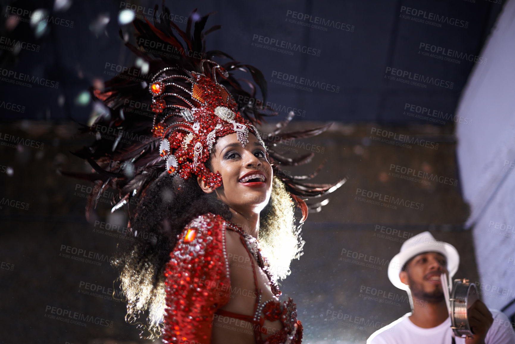Buy stock photo Night, woman or dancer with samba at carnival in rio de janeiro for brazilian festival with feather costume or smile. Person, face or party with dancing, fashion or music for culture or outdoor event
